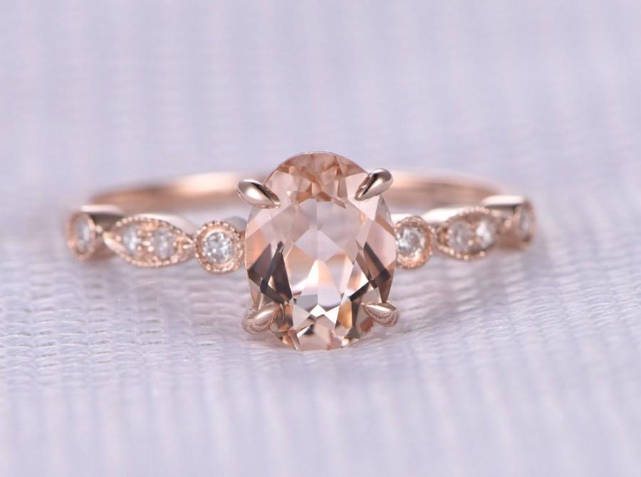Wedding - Pink morganite Engagement ring,14k Rose gold,6x8mm Oval Cut Peach gemstone,diamond Wedding Band,Art Deco Antique,Claw Prongs,Milgrain design