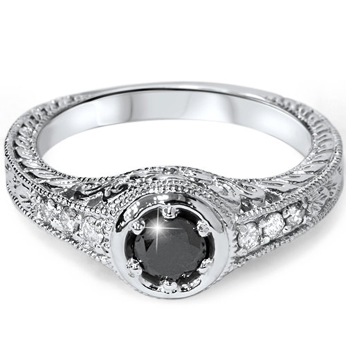 زفاف - Black Diamond Engagement Ring Vintage 3/4CT 14K White Gold Antique Hand Engraved Filigree Style Art Deco Size 4-9