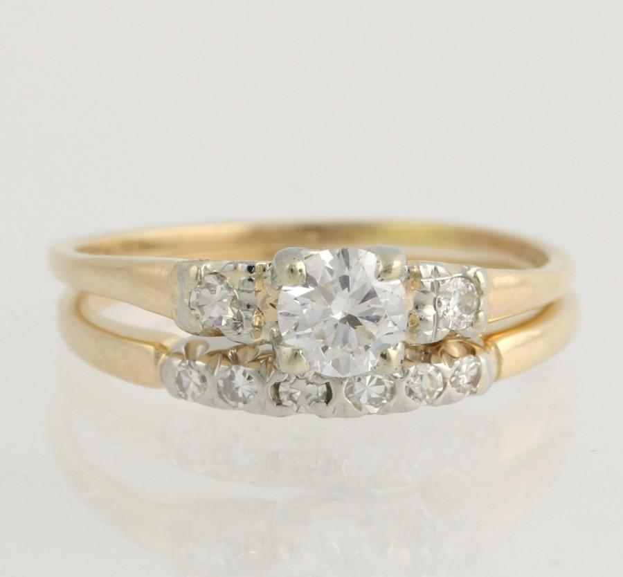 زفاف - Engagement Ring and Wedding Band Set Diamond - 14k Yellow & White Gold Fine .50ctw Unique Engagement Ring L3779