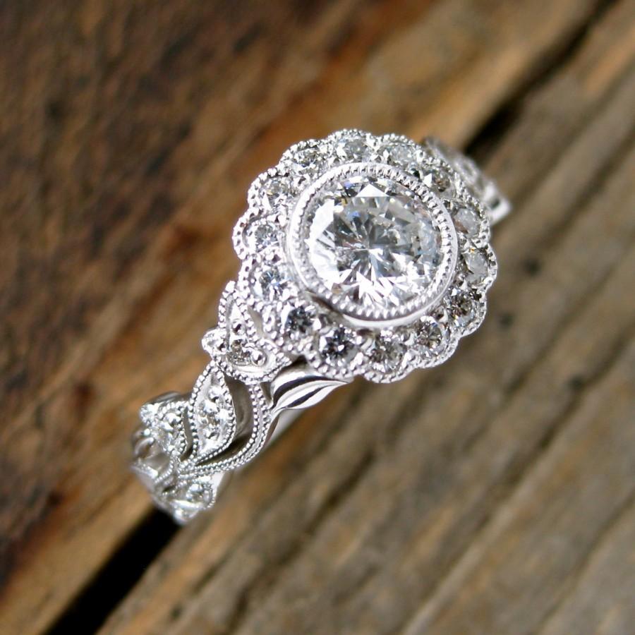 زفاف - Brilliant Cut Diamond Engagement Ring in 14K White Gold with Diamonds in Flowers & Leafs on Vine Size 7