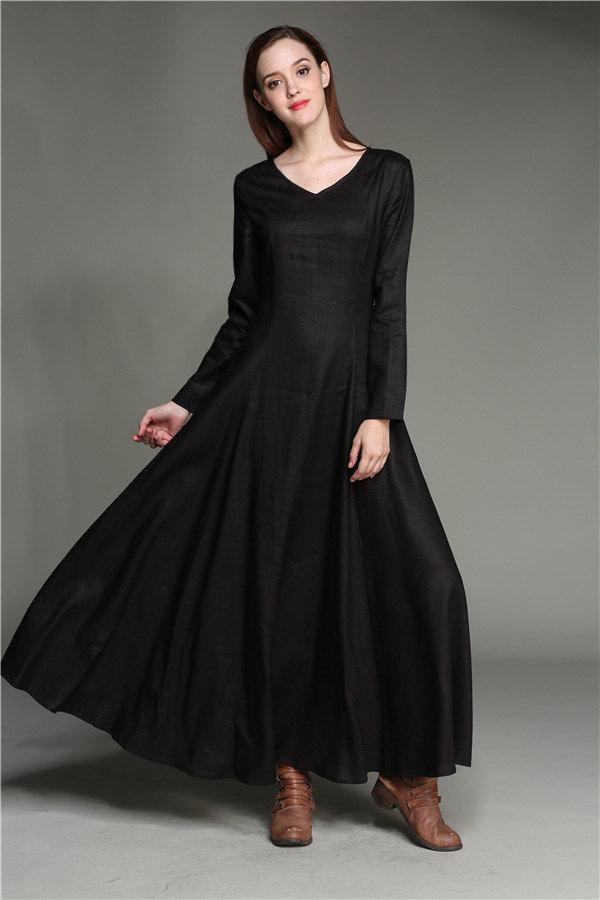 Mariage - black dress, maxi party dress, maxi evening dress gown, long linen dress in black, black linen dress, winter dress, cocktail dress, lady