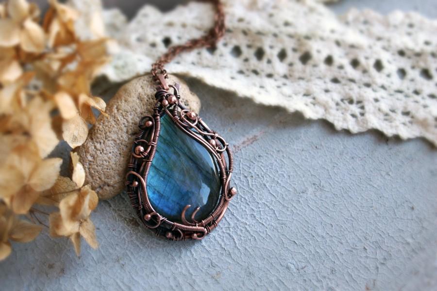 Wedding - Large stone pendant Labradorite Pendant Bold Statement necklace Romantic jewelry gifts Wire wrapped Jewelry for mom Art nouveau jewelry
