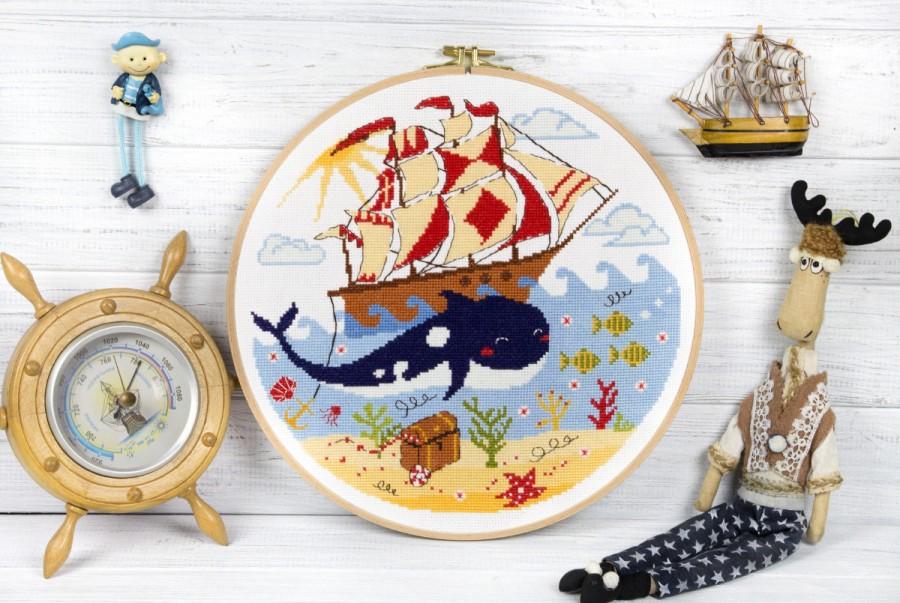 Hochzeit - Ocean dreams, nautical modern cross stitch pattern, instant download PDF, nursery, whale, ship, treasure chest, anchor, cute, colorful, easy