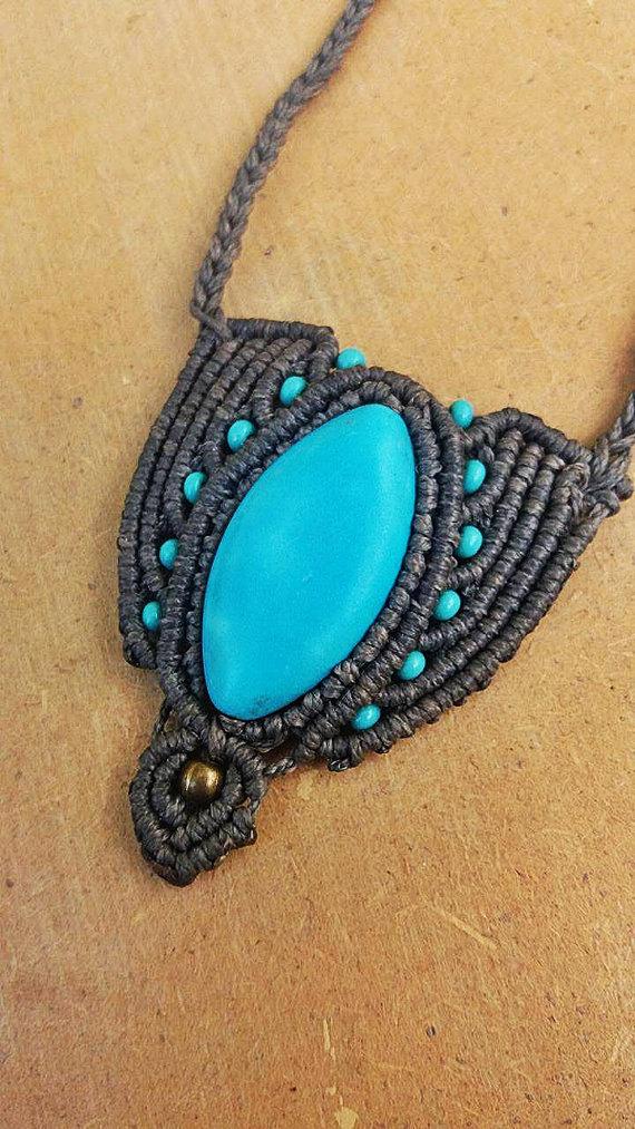 Hochzeit - Magic stone turquoise macrame necklace,gemstone jewelry, brass necklace, boho jewelry, tribal jewelry, yoga talisman, turquoise stone