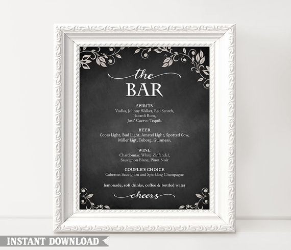 Wedding - Bar sign, Bar Menu Sign, Printable bar sign, Wedding Bar Sign, Chalkboard Signs, Drinks sign, Templates Download, Script Sign, Custom signs