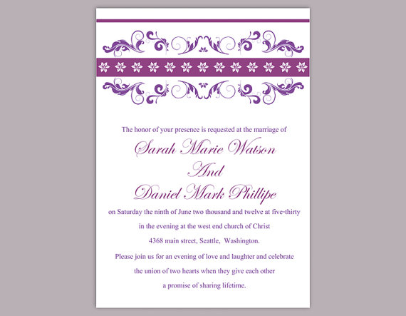 Свадьба - DIY Wedding Invitation Template Editable Word File Instant Download Printable Floral Invitation Eggplant Invitations Purple Invitation