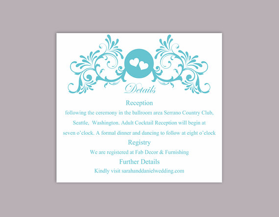 Hochzeit - DIY Wedding Details Card Template Editable Word File Download Printable Details Card Turquoise Teal Details Card Elegant Enclosure Card