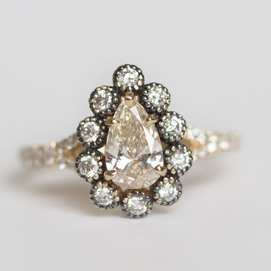 زفاف - Champagne Pear Diamond in Black Rhodium Diamond Halo - Antique Engagement Ring - Vintage Inspired - Mystique Fine Bridal by Anueva Jewelry
