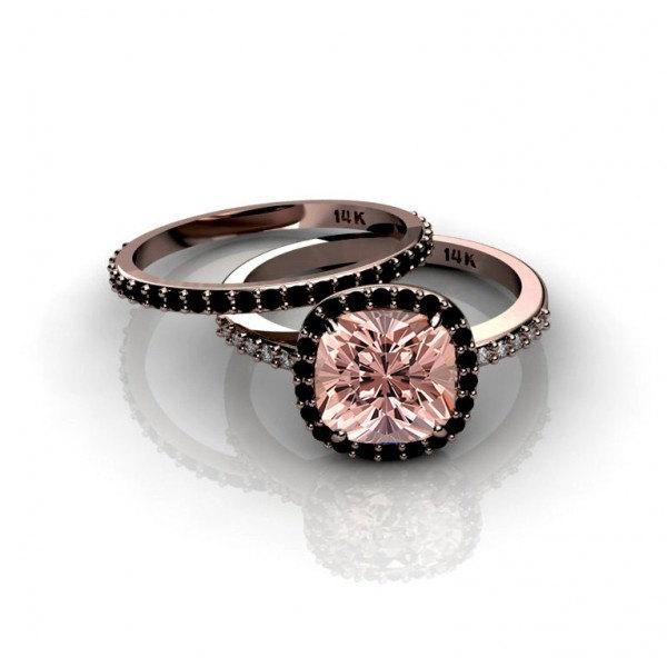 Hochzeit - 2 carat Morganite and Black diamond Halo Bridal Set in 10k Rose Gold: On Limited Time Sale Under Dollar 300