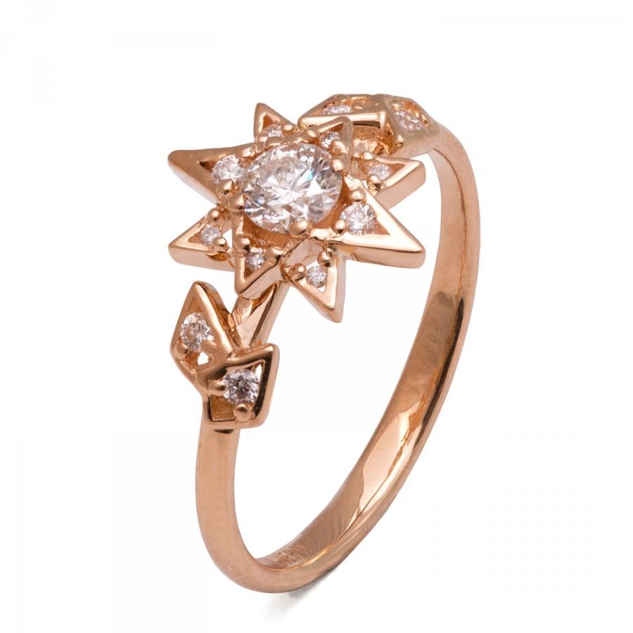 Hochzeit - Moissanite Art Deco Star Engagement Ring - 14K Rose Gold and Moissanite Unique Engagement Ring, star ring, vintage, halo ring, 2