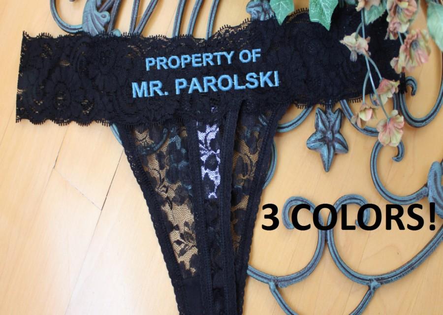 Mariage - Bridal Lingerie, Personalized Anniversary Thong- Property OF Mr Thong, Honeymoon Lingerie-blue, black, Bride Panties- Bachelorette gift F2