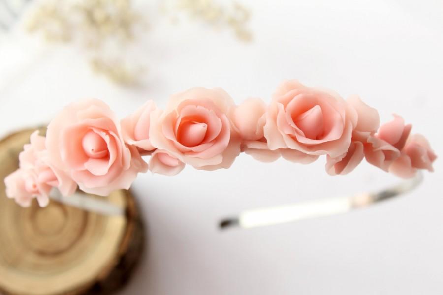 زفاف - Pink rose bridal headband, Bridal flower crown, bridal haidpiece, Woodland Bridal rose wedding crown, Floral wedding tiara, ivory rose