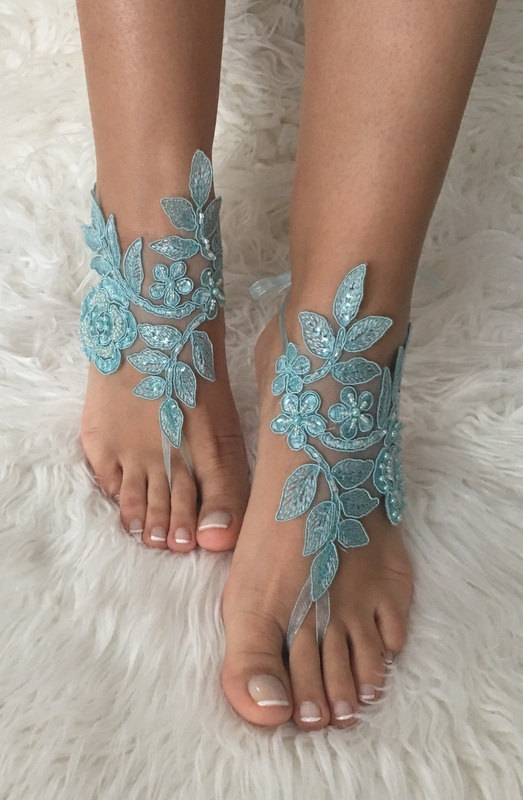 Free Ship Blue Lace Barefoot Sandals Beach Wedding Barefoot Sandals