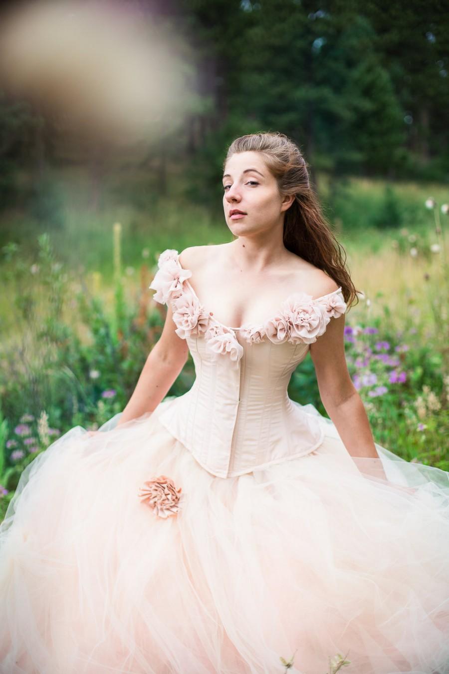 زفاف - Fantasy Wedding Gown Fairy Blossom- Blush Tulle Skirt Silk Flowers - Corset - Fairytale Masquerade Handmade Wedding Dress- Custom to Order
