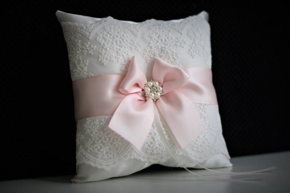 Hochzeit - Blush Pink Bearer Pillows   Flower Girl Basket  Blush Pink Wedding Pillow Basket set  Lace wedding basket  Pink Lace Bearer pillow