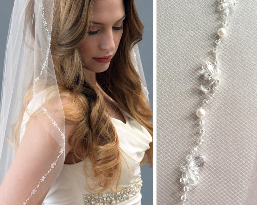 Hochzeit - Crystal Beaded Wedding Veil, Pearl Bridal Veil, Ivory Veil, Fingertip Length Veil, Veil for Bride, Veil with Comb, Bridal Headpiece ~VB-5055