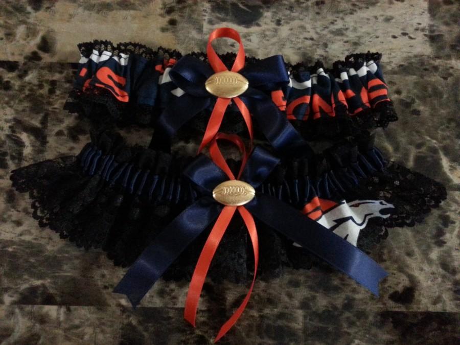 Mariage - Denver Broncos black lace wedding garter any size, color or style.