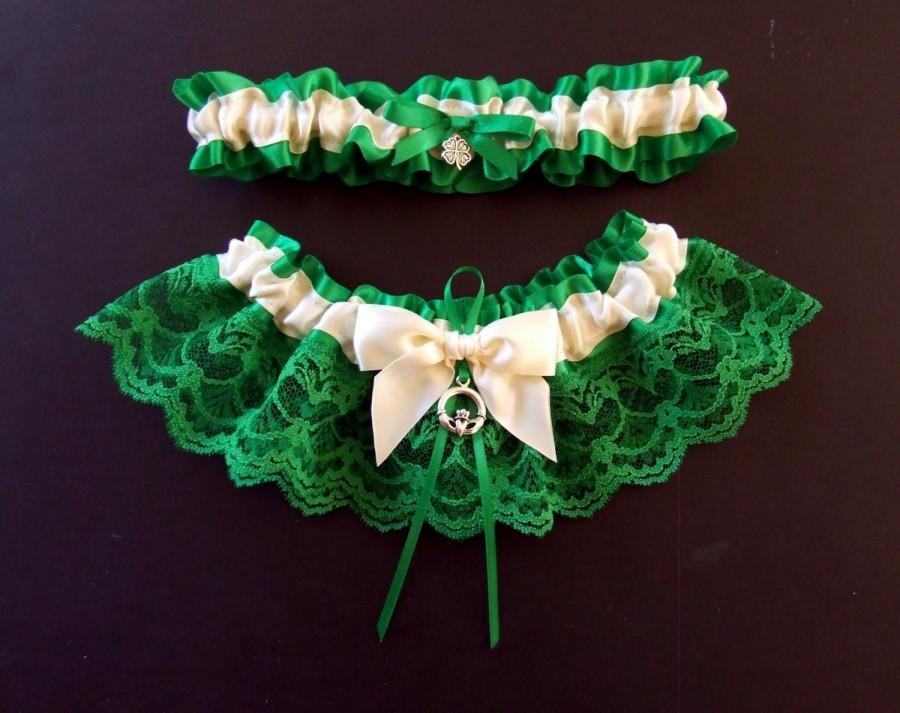 Wedding - Irish Claddagh Garter Set Celtic Gaelic Shamrock Four Leaf Clover Ivory or White Bows with Emerald Green Lace