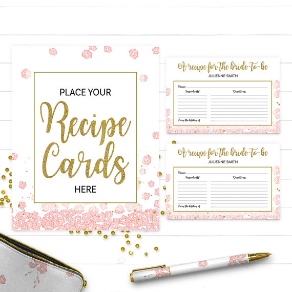 Свадьба - Pink and Gold Bridal Shower Recipe Cards and Sign-Printable Golden Glitter Floral Bridal Shower Recipe Card-DIY Bridal Shower Activity Game