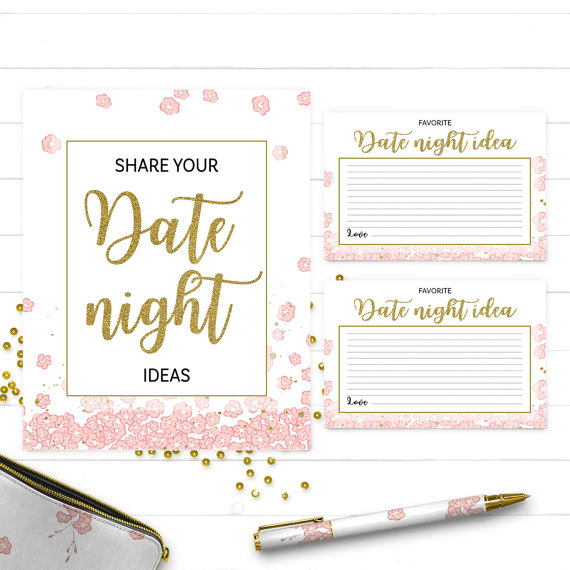 Hochzeit - Pink and Gold Date Night Ideas Cards And Sign-Printable Golden Glitter Floral Bridal Party Game-DIY Bridal Shower Date Jar Game Activity
