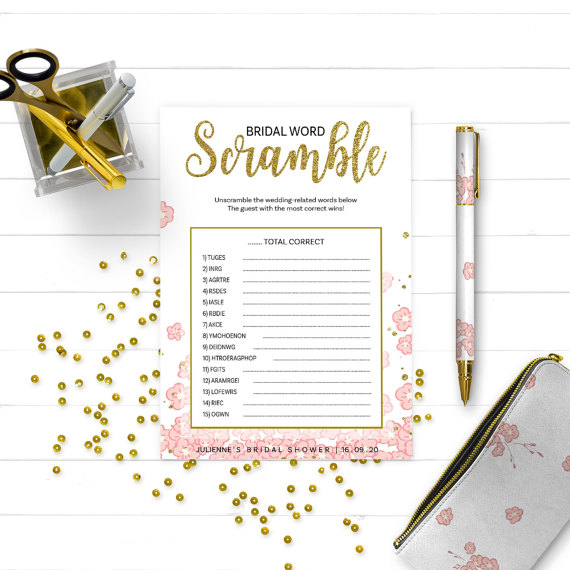 Mariage - Pink and Gold Bridal Shower Word Scramble-Golden Glitter Bridal Shower Printable Word Scramble-DIY Floral Bridal Shower Game-Bridal Party