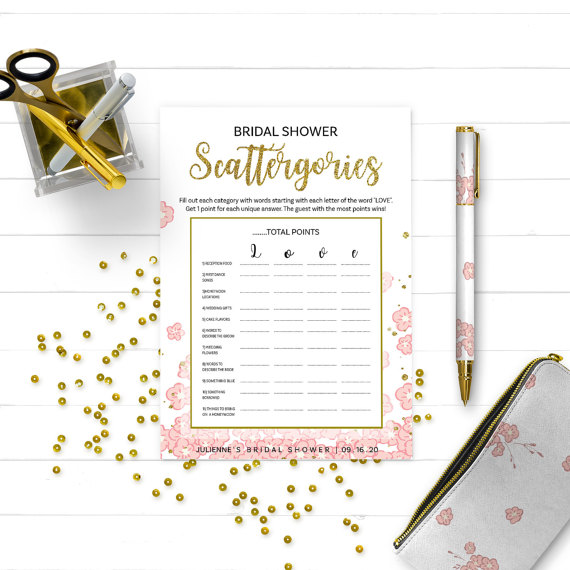 Свадьба - Gold and Pink Bridal Shower Scattergories-Golden Glitter Printable Bridal Scattergories-DIY Floral Bridal Shower Games-Bridal Shower Game