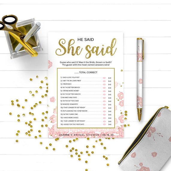 Mariage - Gold and Pink Bridal Shower He Said She Said Game-Golden Glitter Floral DIY Printable He Said She Said Game-Personalized Guess Who Said Game