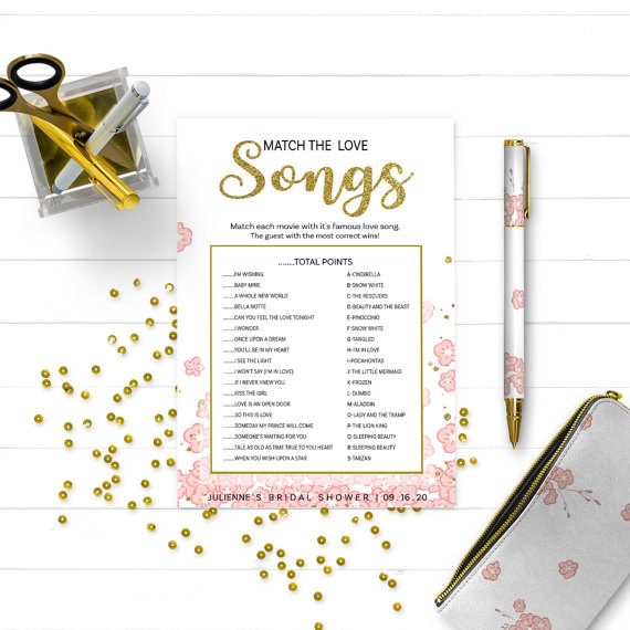 زفاف - Pink and Gold Match the Movie Love Songs Bridal Shower Game-Golden Glitter Floral Personalized Love Song Game-Printable Bridal Shower Game