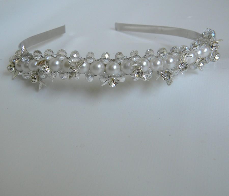 زفاف - Rhinestone Pearl Bridal Tiara,  Wedding Headband  Vintage Upcycled  Wedding Accessories Handmade-  EMELINE