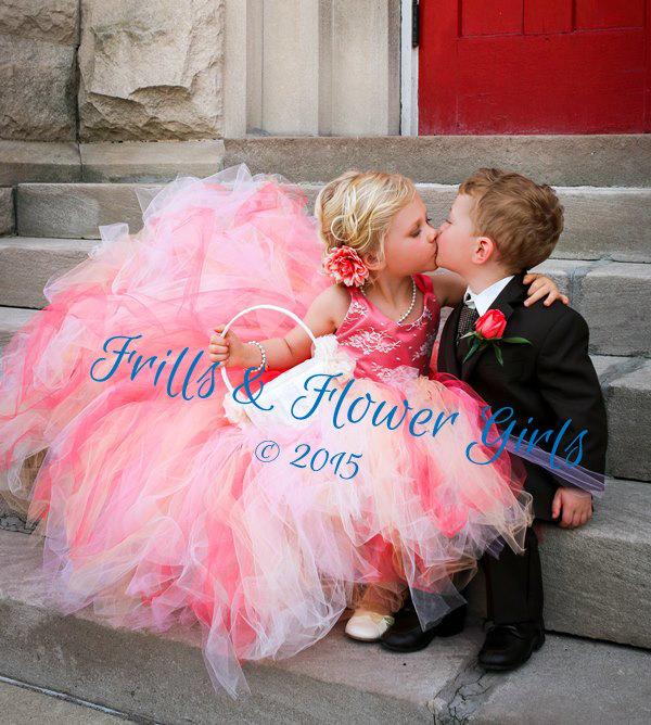 Wedding - Coral Tutu Dress with Coral Tulle Skirt with Ivory Lace over Coral Satin Halter Flower Girl Dress Sizes 2, 3, 4, 5, 6 up to Girls Size 12
