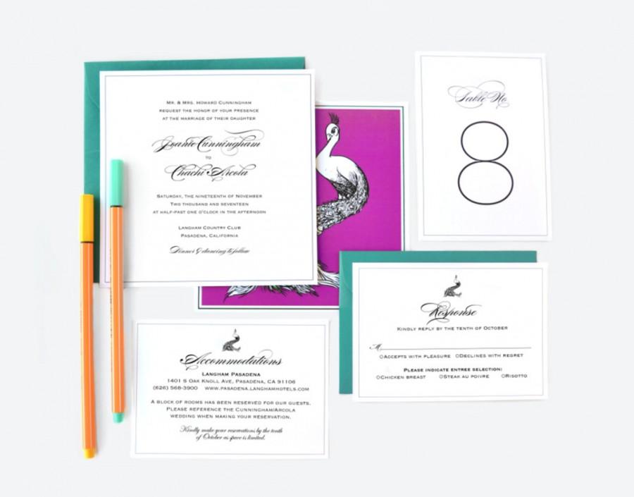 Hochzeit - Peacock Square Wedding Invitation with Classic Script - Black, White, Purple & Teal - FREE SHIPPING - Joanie Collection