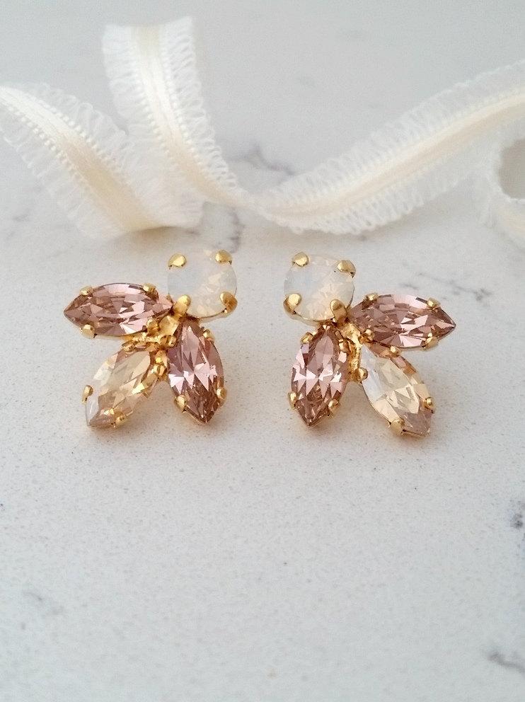 زفاف - Bridal earrings,blush crystal stud earrings,Bridesmaid gift, Petite blush and champagne earring,Blush Cluster earring,Vintage Bridal earring