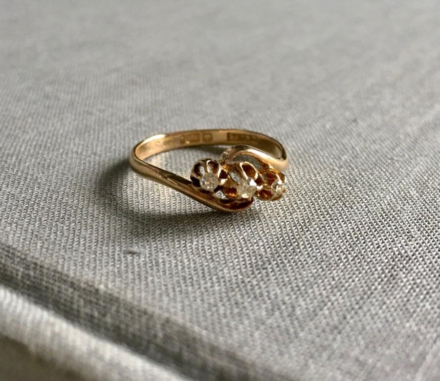 Hochzeit - Antique Trilogy Old Cut Diamond Crossover Bypass 18K Gold Ring  - Past Present Future - Engagement Anniversary Wedding - English Hallmarks