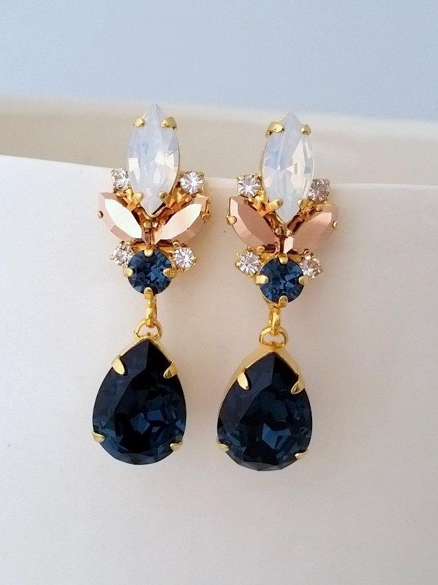 زفاف - Navy blue earrings,Bridal earrings,Chandelier earrings,Navy rose gold white earring,Bridesmaid gift,Blue white opal Bridal earring,Swarovski