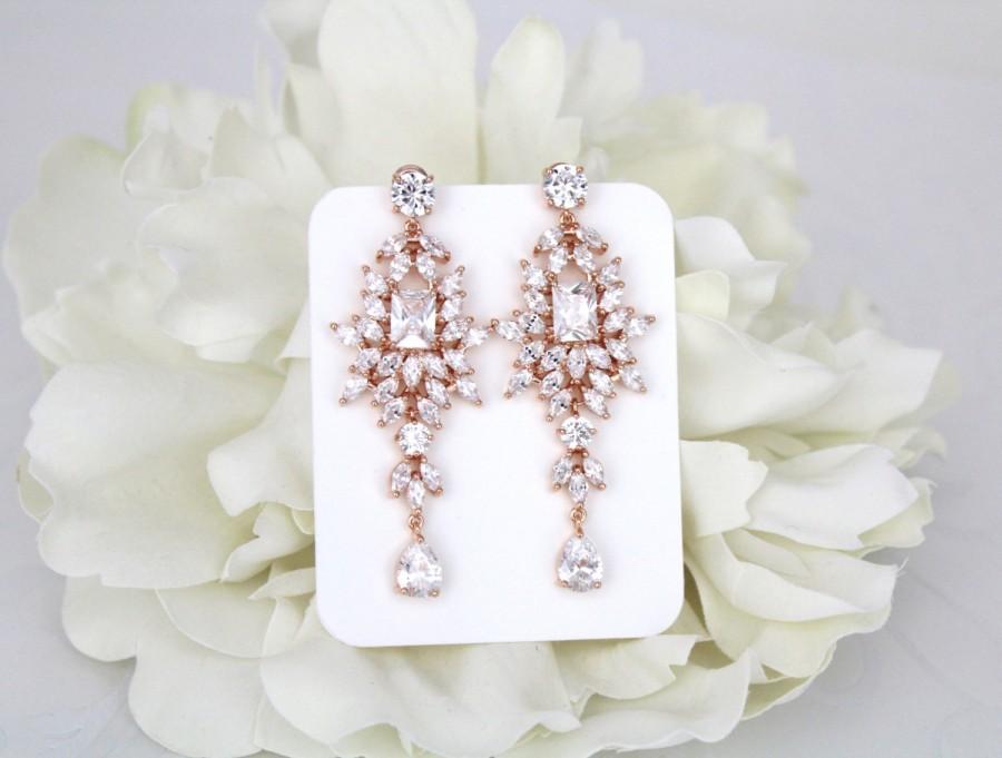 زفاف - Long Bridal earrings, Rose Gold Wedding earrings, Chandelier earrings, Wedding jewelry, Crystal earrings, Statement earrings, Emerald cut