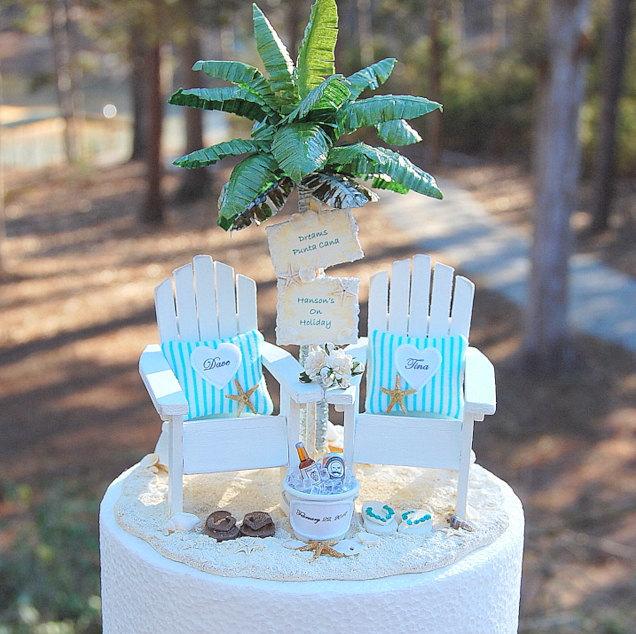 Mariage - Beach Wedding Cake Topper SALE! Base Attached Fits 6" Honeymoon Beverage Custom Made To Order Your Colors Rustic Destination Wedding
