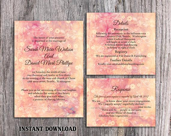 Свадьба - DIY Rustic Wedding Invitation Template Set Editable Word File Download Printable Peach Invitation Pink Invitation Vintage Floral Invitation