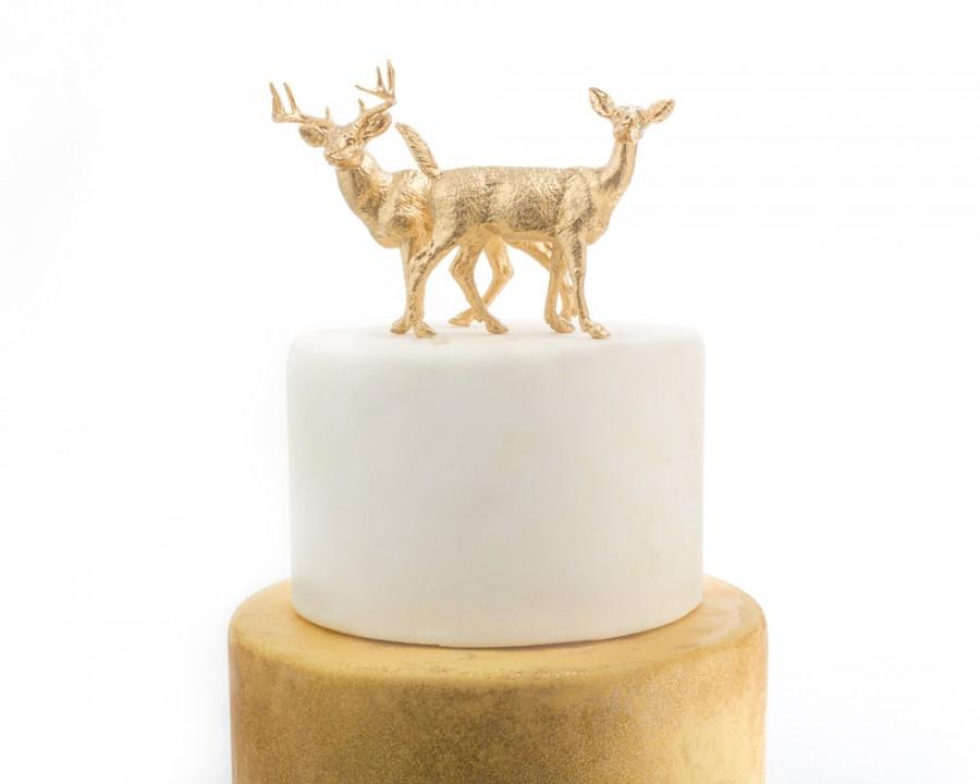 Hochzeit - Gold Deer Cake Topper, Woodland Wedding Cake, Doe and Buck set