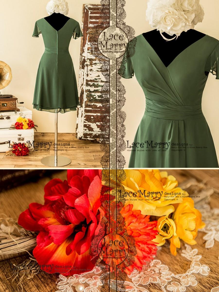 زفاف - A-Line Bridesmaid Dress in Knee Length from Folded Sage Green Chiffon Featuring V-Neckline and V-Back, Flowy Cap Sleeves and Zipper Closure