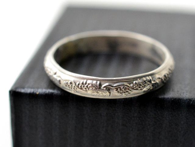 زفاف - Engravable Wedding Ring, Custom Engraving, Men's Renaissance Style Sterling Silver Grape Vine Band, Engraved Groom Jewelry,
