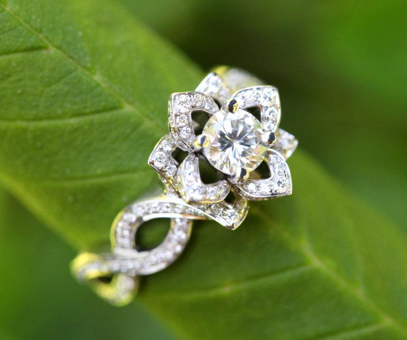 Wedding - LOVE IN BLOOM - Flower Lotus Rose Diamond Engagement or Right Hand Ring - 14k white rose or yellow gold -fL03