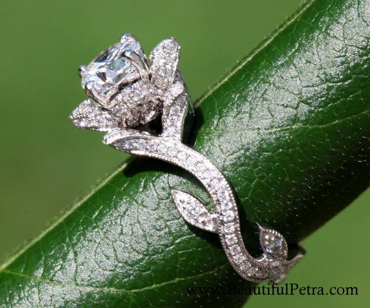زفاف - BLOOMING Work Of Art - Milgrain Flower Rose Lotus Diamond Engagement Ring - Semi Mount - Setting - 18K white gold - fL07 - Patented