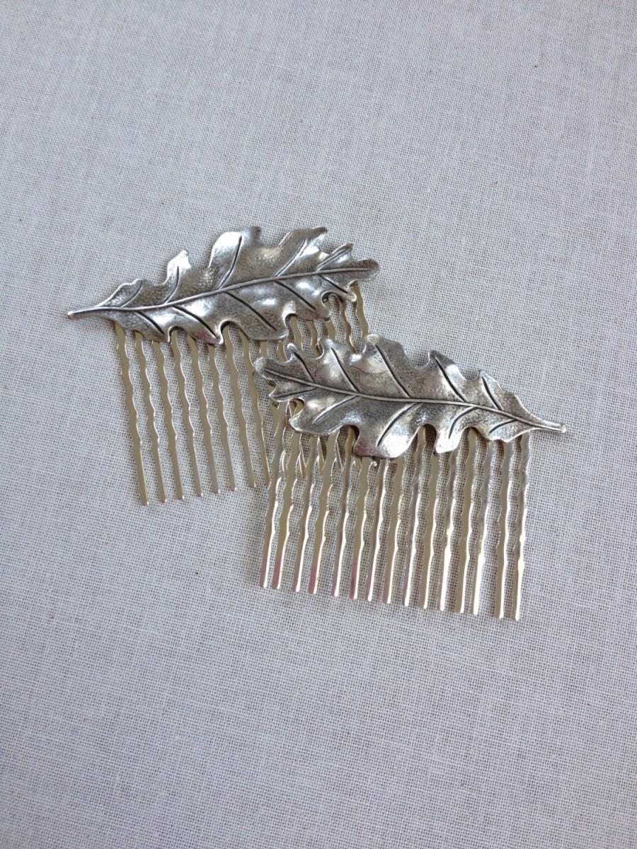 Hochzeit - Brushed silver leaf hair combs, Fall weddings, Autumn, pair, woodland, rustic, wedding, hair slide, hair accessory, silver, leaf, leaves