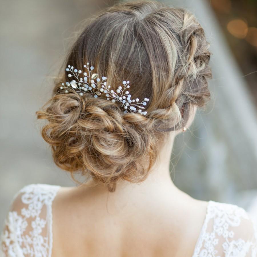 Wedding - Bridal hair pins Leaf wedding hair pins Silver bridal hair pins Hairpins decorated leafs and pearl sprigs Crystal bridal hair pins