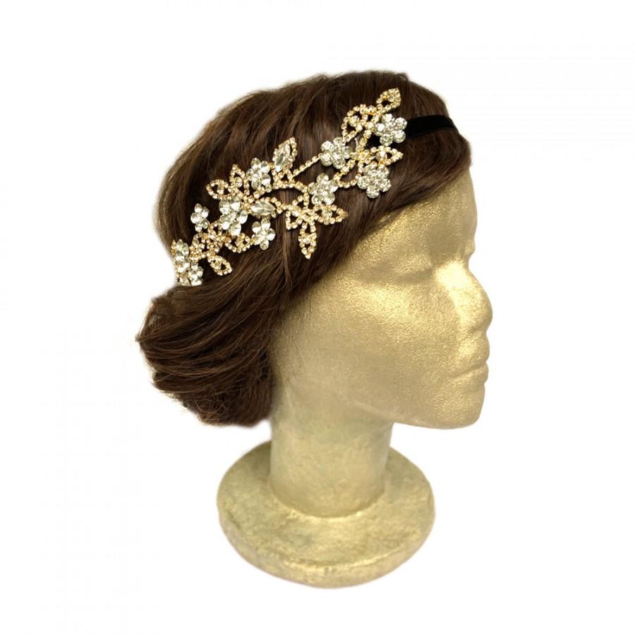 Mariage - Gold Flower Rhinestone Headband Art Deco Headpiece Rhinestone Flower Headpiece Boho Headband Flapper Headpiece Vintage Wedding Hair Circlet