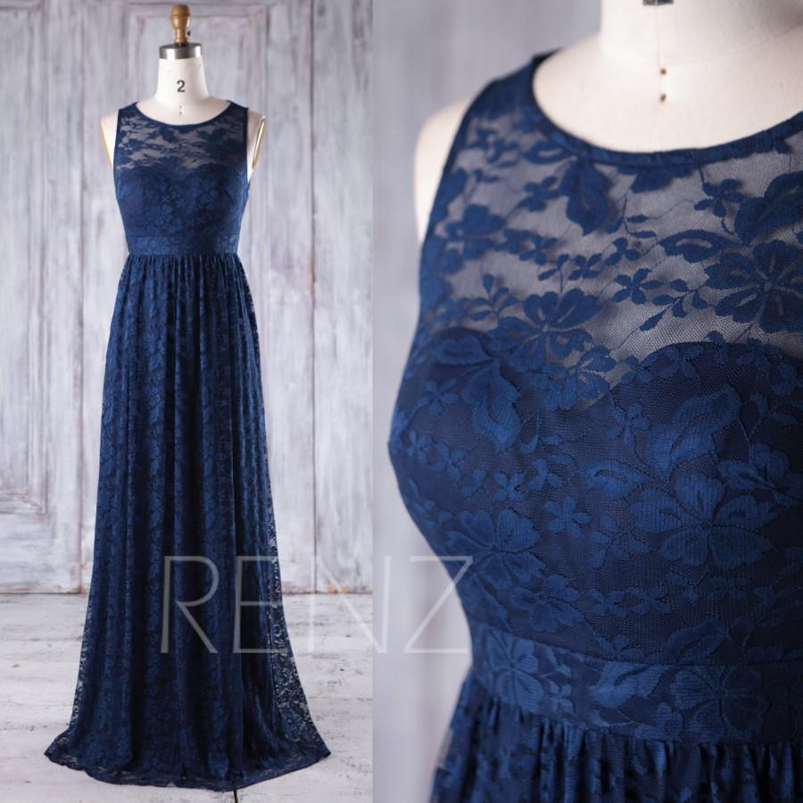 زفاف - 2017 Navy Blue Lace Bridesmaid Dress, Sweetheart Illusion Wedding Dress, Scoop Neck Prom Dress, Long Maxi Dress Floor Length (GL218)