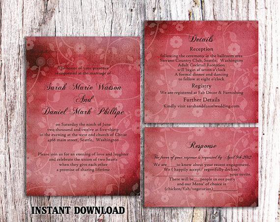 Wedding - DIY Rustic Wedding Invitation Template Set Editable Word File Download Printable Invitation Wine Red Invitation Vintage Floral Invitation