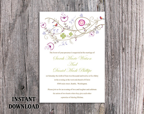 Свадьба - DIY Wedding Invitation Template Editable Word File Instant Download Printable Colorful Invitation Flower Wedding Invitation Bird Invitation