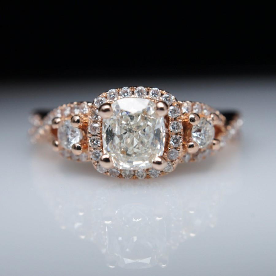 زفاف - SALE - Three Stone .88ctw Cushion Cut Diamond in 14k Rose Gold Halo Engagement Ring - 3 Stone - Custom Sizing