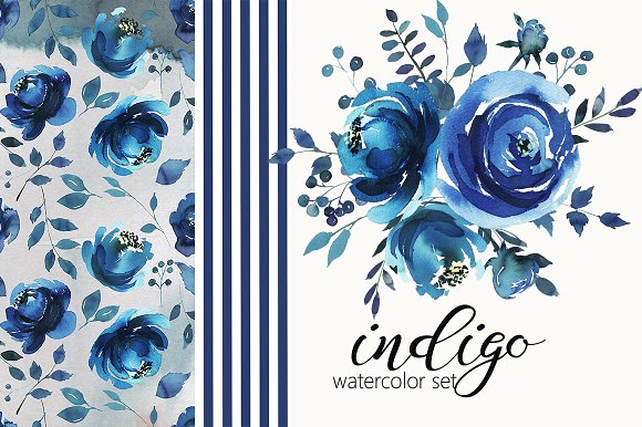 Hochzeit - Indigo Watercolor Floral Design Set